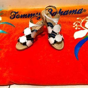 Tommy Bahama white leather wedge sandals.